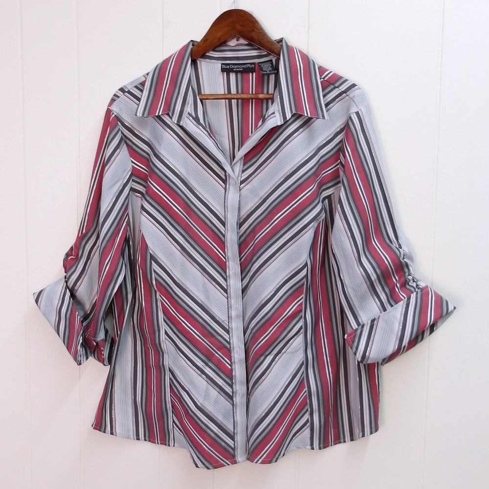 Blue Diamond Plus‎ Career Stretch Top Womens 1X Pink Gray White / #9048
